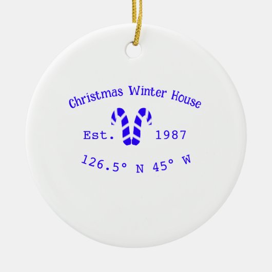 Winter Christmas house blue candy canes est. Year Keramik Ornament (Vorne)