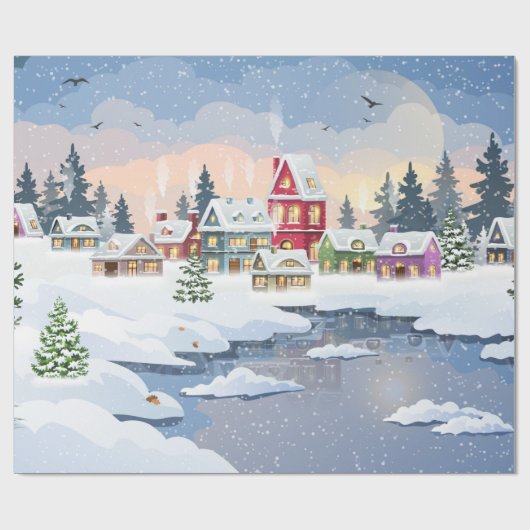Winter Christmas landscape with snow-covered house Geschenkpapier (Flach)