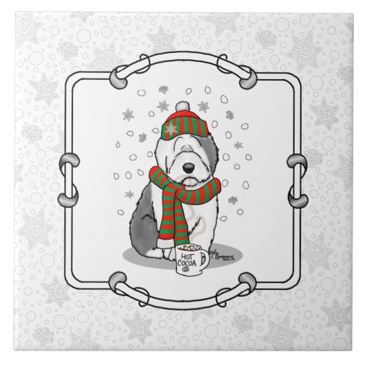 Winter Christmas Old English Sheepdog Grau 1 Niedl Fliese (Vorderseite)