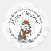 Winter Christmas Old English Sheepdog Grau 1 Niedl Runder Aufkleber (Vorderseite)