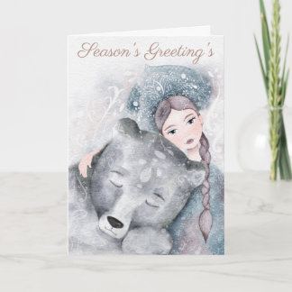 Winter Christmas Snow Queen and Polar Bear Karte
