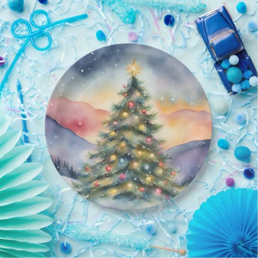 Winter Christmas Tree Snowy Sunset Scenery Pappteller (Party)