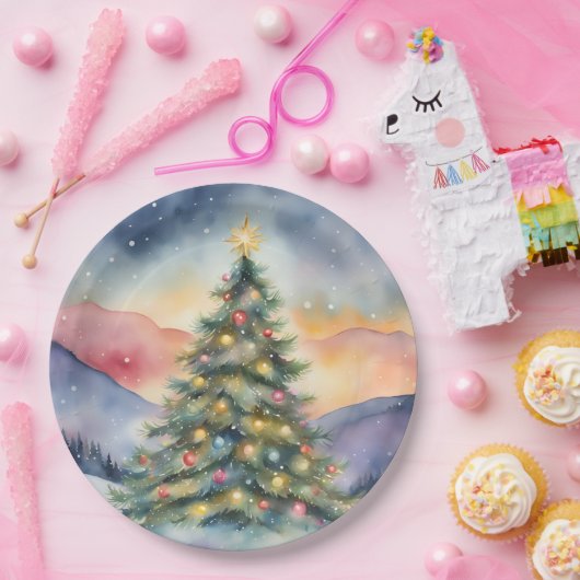 Winter Christmas Tree Snowy Sunset Scenery Pappteller (Party)
