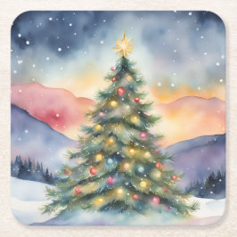 Winter Christmas Tree Snowy Sunset Scenery Rechteckiger Pappuntersetzer