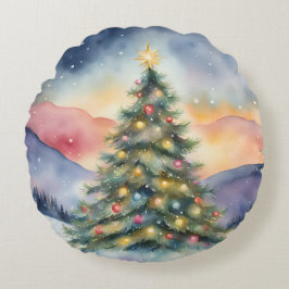 Winter Christmas Tree Snowy Sunset Scenery Rundes Kissen