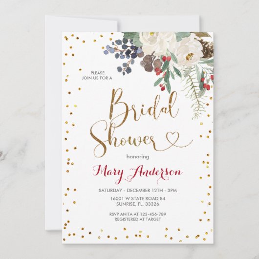 Winter Christmas White Floral Brautparty Einladung (Vorderseite)