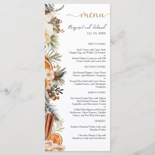 Winter Citrus Floral Christmas Hochzeitsmenü Menükarte (Vorderseite)