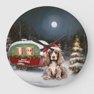 Winter-Cocker-Spaniel-Wohnwagen-Weihnachtsabenteue Große Wanduhr