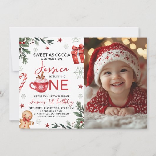 Winter Cocoa First Birthday Invite Photo Einladung (Vorderseite)
