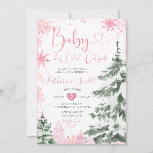 Winter Cold Baby Duschwald Rosa Schneeflocken Einladung (Vorderseite)