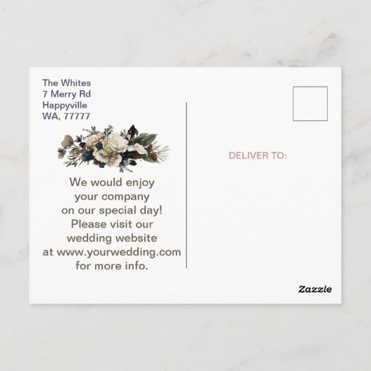 Winter Conifer Blumenpeony Wedding retten das Datu Postkarte (Rückseite)