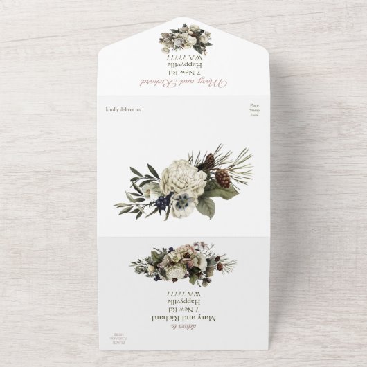 Winter Conifer Floral Cream Peony Elegante Hochzei All In One Einladung (Außenbereich)