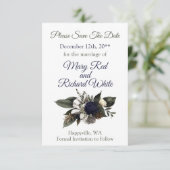 Winter Conifer Floral Navy Cream Peony Wedding Save The Date (Stehend Vorderseite)