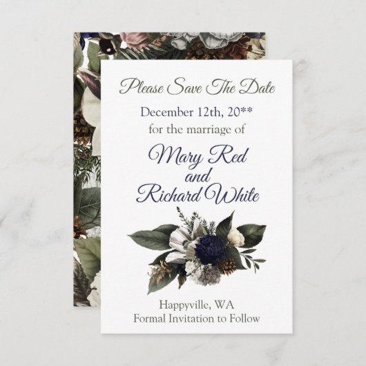 Winter Conifer Floral Navy Cream Peony Wedding Save The Date (Vorne/Hinten)