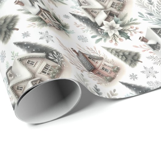 Winter Cottage Snowfall Pattern Geschenkpapier (Rolleneckpunkt)