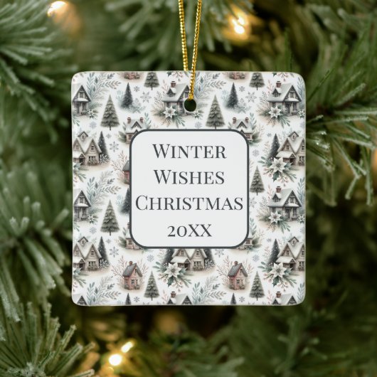 Winter Cottage Snowfall Pattern Keramikornament (Baum)