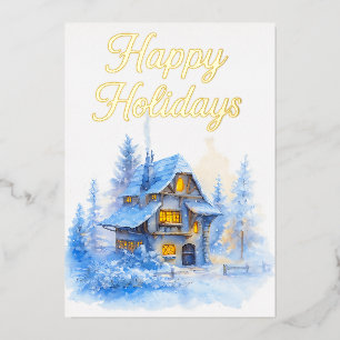 Winter-Cottage-Urlaubskarte Gemütliche Schneeszene Folien Feiertagskarte