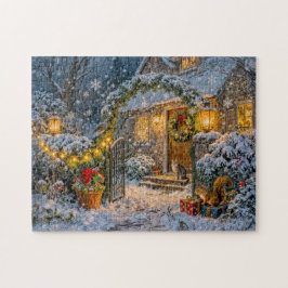 Winter Cottage with Squirrel, Cat and Robin Artwor Puzzle
