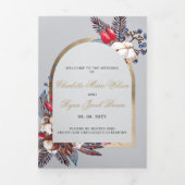 Winter Cotton Dusty Blue Red Berries Wedding Dreifach-gefaltete Programmkarte (Cover)