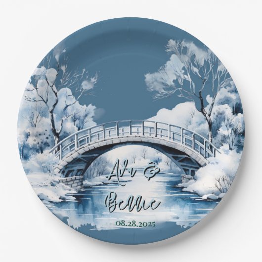 Winter Country Water Stream Bridge Hochzeit Pappteller (Vorderseite)