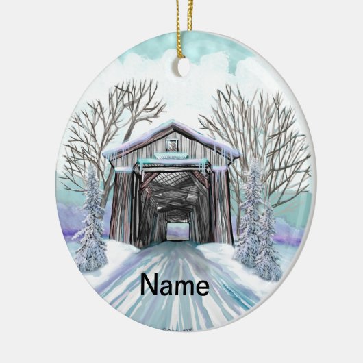 Winter Covered Bridge Keramik Ornament (Links)