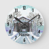 Winter Covered Bridge Runde Wanduhr (Vorderseite)