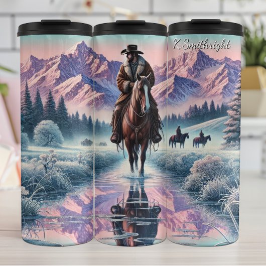 Winter-Cowboy-Pferd-Berg-Reflexion Thermosbecher