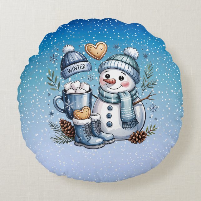 Winter Cozy Snowman Rundes Kissen (Vorderseite)
