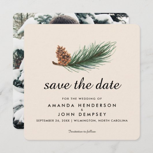 Winter-Creme im Kiefernwald Save the Date (Vorne/Hinten)