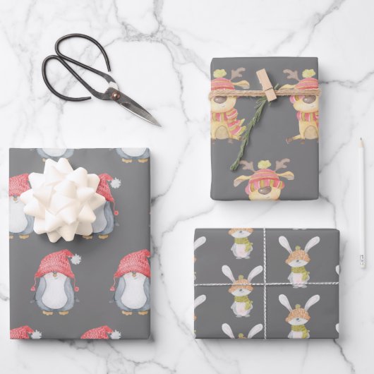 Winter Critters Trio Holiday Geschenkpapier Set (Vorderseite)