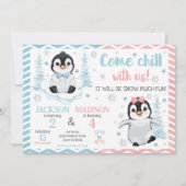 Winter Cute Penguins Joint Birthday Einladung (Vorderseite)