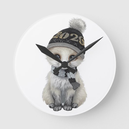Winter Cutie 2026 Wall Clock – Cute Winter Animal  Runde Wanduhr (Vorderseite)