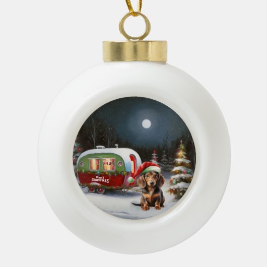 Winter Dackel Caravan Weihnachtsabenteuer Keramik Kugel-Ornament (Vorderseite)