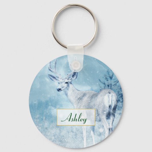 Winter Deer and Pine Trees Personalized Schlüsselanhänger (Vorderseite)