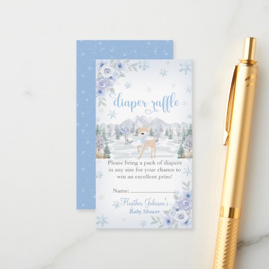 Winter Deer Blue Snowflake Baby Dusche Begleitkarte (Vorderseite/Rückseite Beispiel)