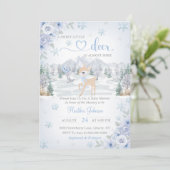 Winter Deer Blue Snowflake Baby Dusche Einladung (Stehend Vorderseite)