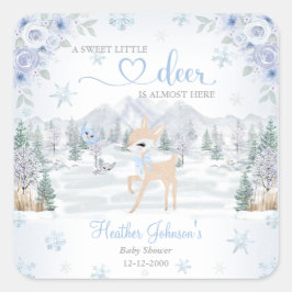 Winter Deer Blue Snowflake Baby Dusche Quadratischer Aufkleber