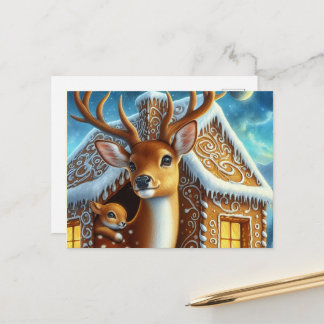  Winter Deer Family in Gingerbread House Postcard Postkarte