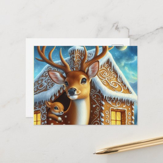  Winter Deer Family in Gingerbread House Postcard Postkarte (Vorderseite/Rückseite Beispiel)