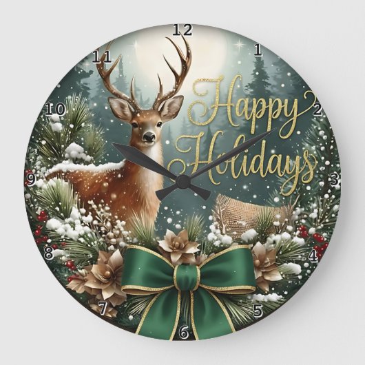 Winter Deer Happy Holidays Große Wanduhr (Vorderseite)