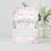 Winter Deer Pink Snowflake Babydusche Dankeskarte (Stehend Vorderseite)