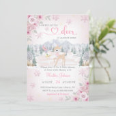 Winter Deer Pink Snowflake Babydusche Einladung (Stehend Vorderseite)