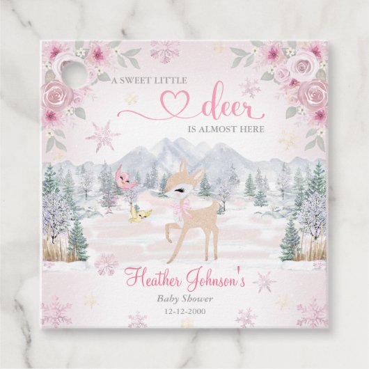 Winter Deer Pink Snowflake Babydusche Geschenkanhänger (Vorderseite)