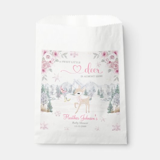 Winter Deer Pink Snowflake Babydusche Geschenktütchen (Vorderseite)