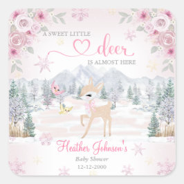 Winter Deer Pink Snowflake Babydusche Quadratischer Aufkleber