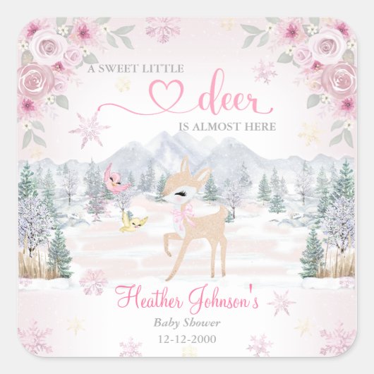 Winter Deer Pink Snowflake Babydusche Quadratischer Aufkleber (Vorderseite)
