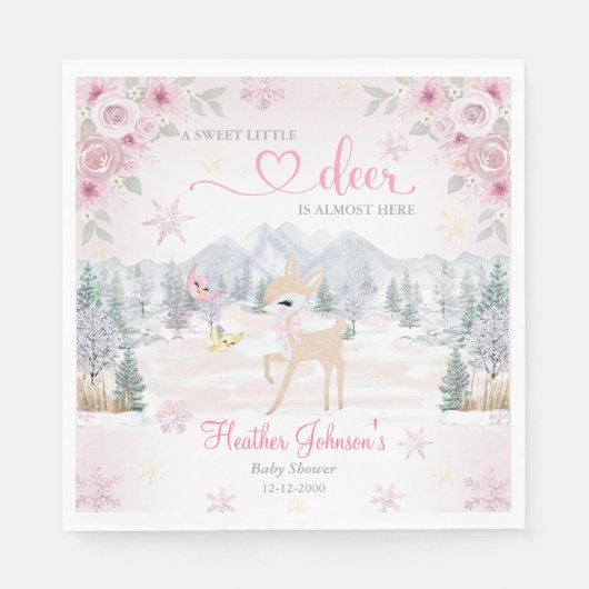 Winter Deer Pink Snowflake Babydusche Serviette (Vorderseite)