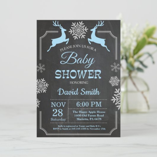 Winter Deer Snowflake Boy Kinderdusche Einladung (Stehend Vorderseite)