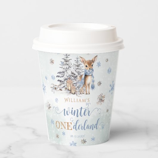 Winter Deer Snowflakes ONEderland Geburtstag Pappbecher (Vorderseite)