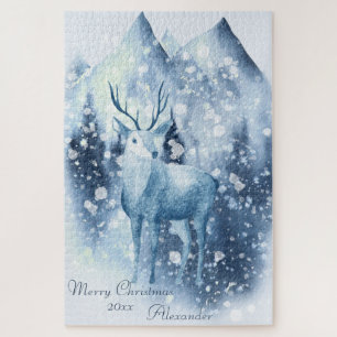Winter Deer Snowy Mountain Weihnachten Puzzle